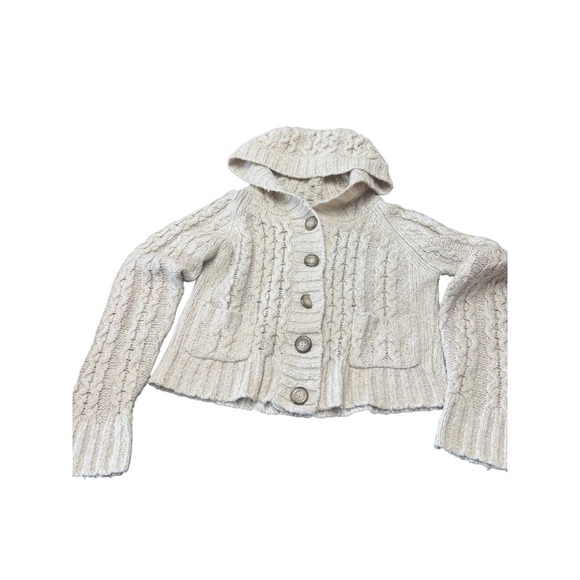 Free People Women's XS Hooded Cable Knit Cardigan Sweater Beige Button Front - Picture 1 of 5